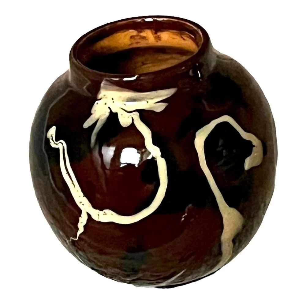 Vietri round terracotta glazed vase brown black tan collection modern Italy 6”.